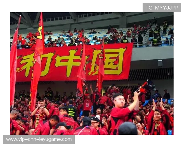 国足球迷助威现场氛围热烈，国足助威球衣